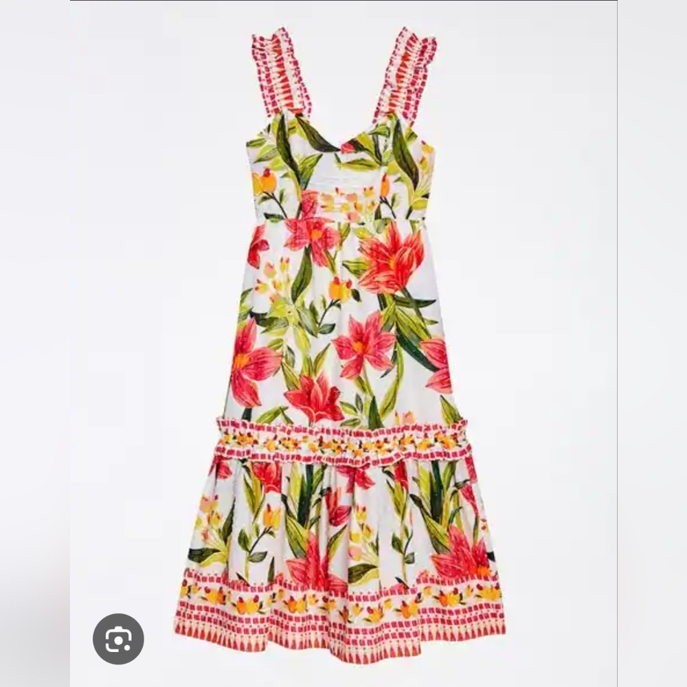 FARM RIO Size L Cashew Garden tropical floral print tiered linen midi dress NWOT